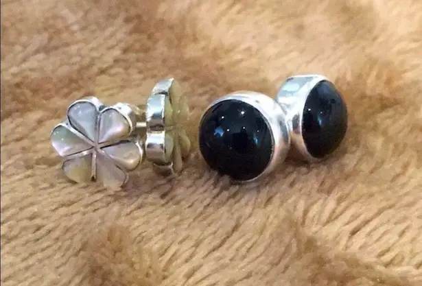 Sterling Silver Stud Bundle - Onyx Cabochon & Mother of Pearl Floral Inlay