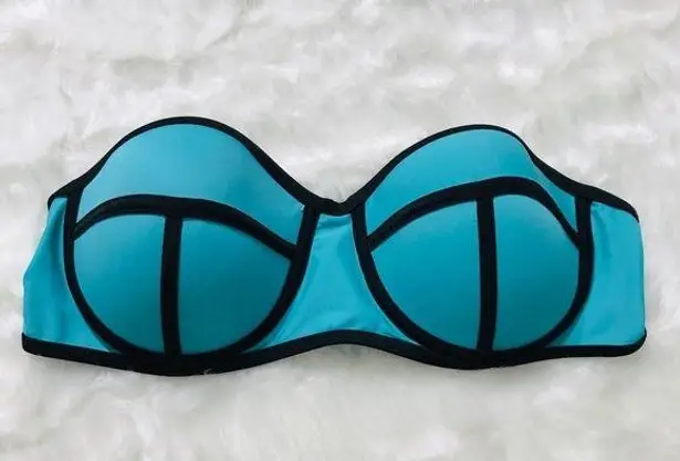 Aqua Blue & Black Strapless Color Block Bikini Top Size Large