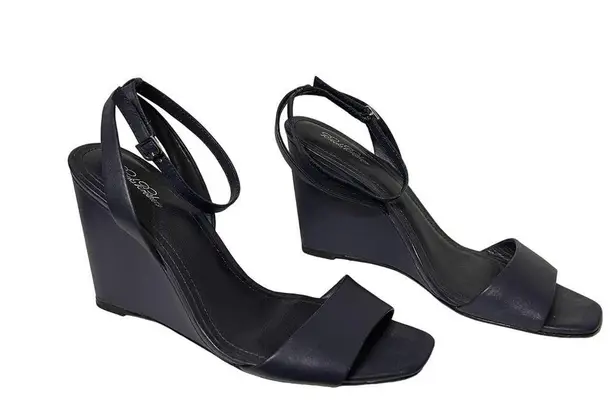 Brooks Brothers Leather Ankle-Strap Open-Toe Wedges Navy Blue Size 8.5