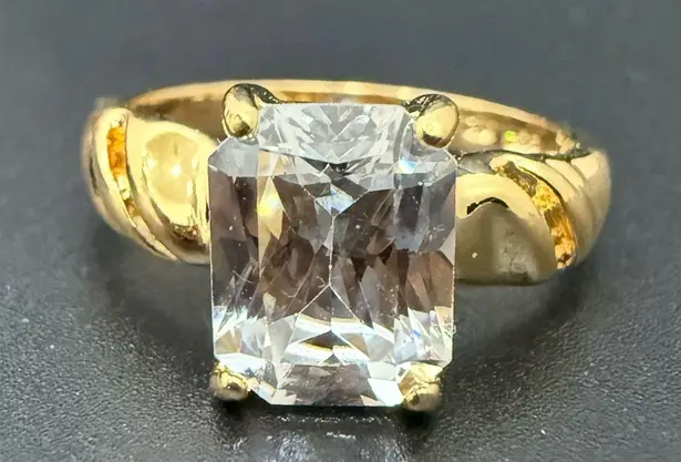 Vintage Signed 925 Gold Over Sterling Silver Emerald Cut Clear CZ Ring Size 8 5g