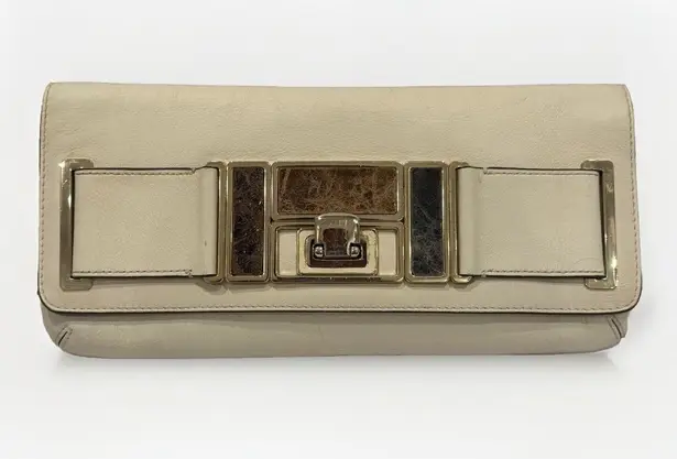 Anya Hindmarch Cream Leather Formal Foldover Clutch Purse Bag Brass Closure Tan
