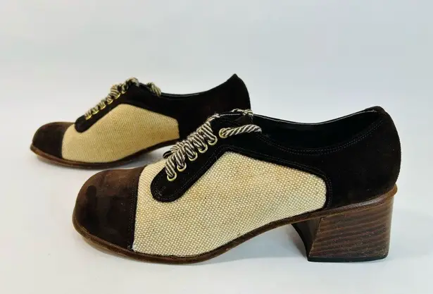 60s/70s Joseph Larose Mod Patchwork Oxfords, Suede/Tweed, Wooden Platform Heels Brown Size 5.5