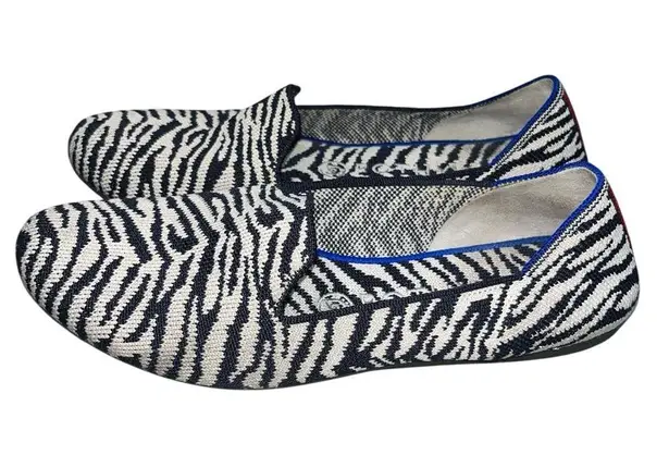 Rothy's The Almond Loafer Zebra Print Navy Blue & White Loafers Flats Shoes 8