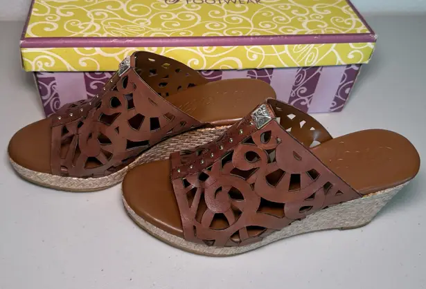 Brighton  Daria Caramel Brown Leather Cutout Wedge Sandals