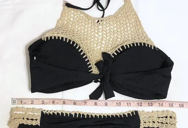 The Bikini Lab Crochet High Neck Bikini Set Top Bottoms Swim Black Hipster Halter