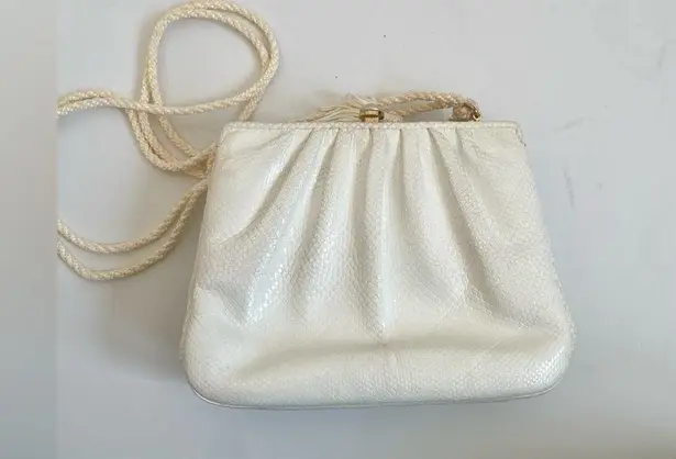 Judith Leiber White leather lizard skin Rare Vintage Heart crystal rope clutch
