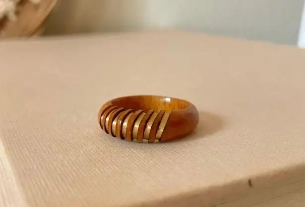 Carved Wood Gold Band Ring “Blathnaid” Bohemian Rustic Minimist Neutral Jewelry Brown