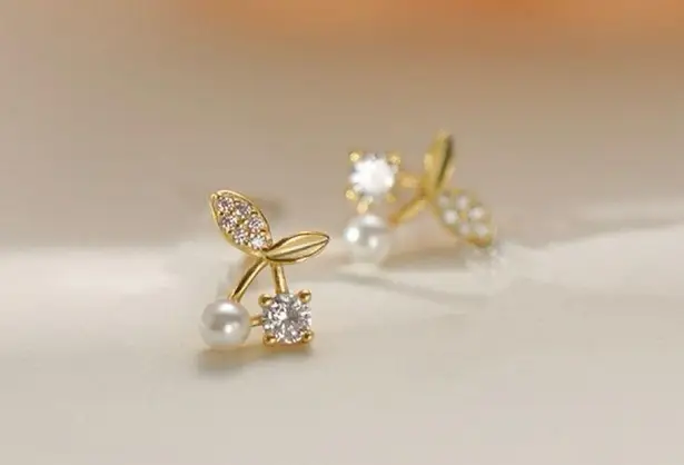 Small Tiny CZ Cherry Stud Earrings for Women Gold