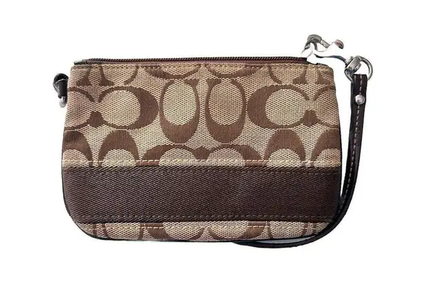 Coach  F47790 Signature Stripe Jacquard Leather Wristlet Coin Wallet Clutch Case