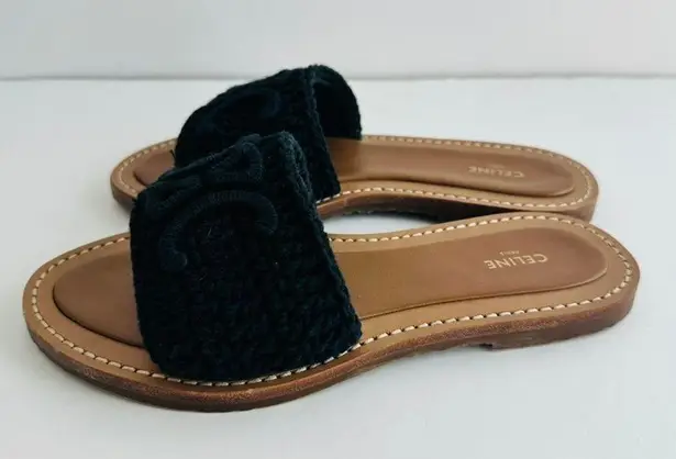 CELINE Lympia Mule Size 6 Triomphe Black Maccrame Cotton Calfskin Leather Sandal