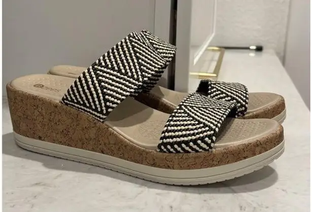 Bzees For Lifestride Resort Raffia Wedge Sandals Women's Sz 10 Black White Beige