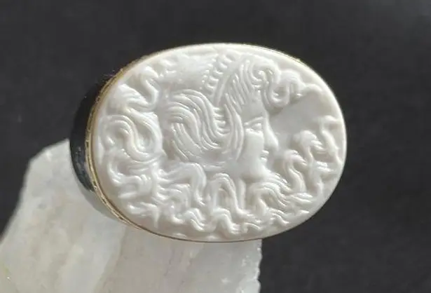 Jade & 14k EUC carved ring. Black jade band & white jade face w/ 14k setting
