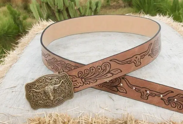 Western Style Bull Head Buckle Unisex Belt Vintage Embossed Brown