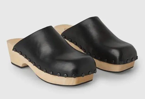 COS Napa Leather Clogs with Sustainab Wooden Sole with Tonal Studs Black Size 8
