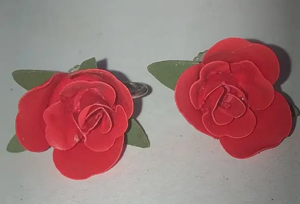 Vintage Red & Green Plastic 3D Flower Boho Screw Back Earrings