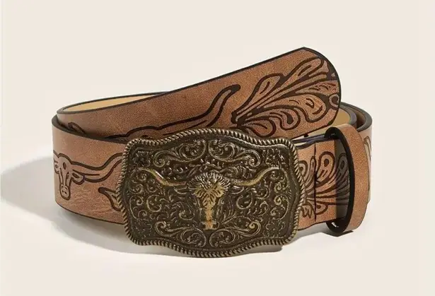 Western Bull Head Buckle Unisex‎ Belt Vintage Embossed Brown PU Leather Belt Size M