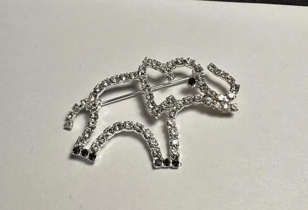 Rhinestone Elephant Silver Tone Animal Brooch Pin Black & Clear