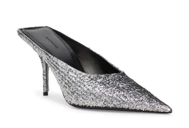 Balenciaga Knife Glitter High Heel Mules in Silver Titanium Size 36 New in Box