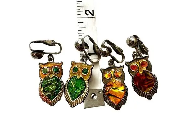 Vintage Owl Clip On Earrings Abalone Shell Yellow Set