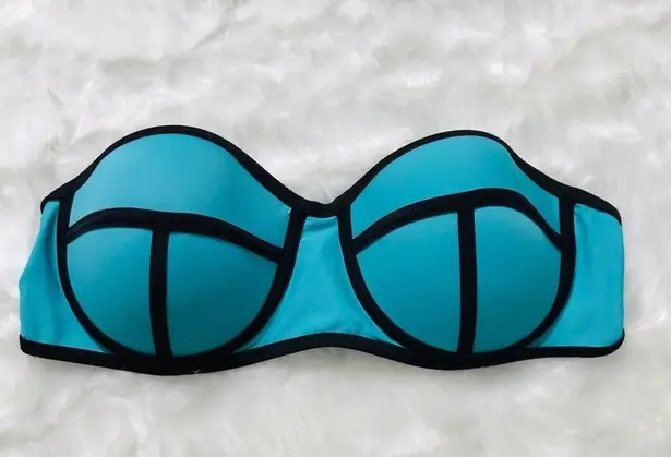 Aqua Blue & Black Strapless Color Block Bikini Top Size Large