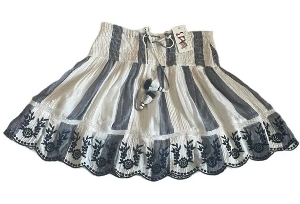 NWT America & Beyond Floral Embroidered Scalloped Hem Stripe Skirt Size S Blue