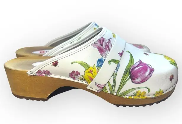 Buxa Floral Leather Clogs Wooden Sole Slip