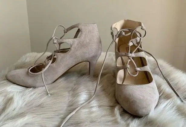 Karl Lagerfeld Paris Jasmin Taupe Suede Leather Ankle Lace up Tie Heels Pump 9M