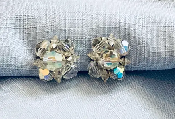 Amazing Vintage Aurora Borealis Crystal Beaded Clip On Earrings