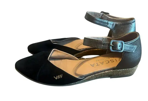 Viscata Montroig Canvas Espadrille Flats Black Velvet Metallic Buckle Size 37