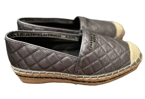 Karl Lagerfeld PARIS Dalia Quilted Leather Platform Espadrilles Silver P…