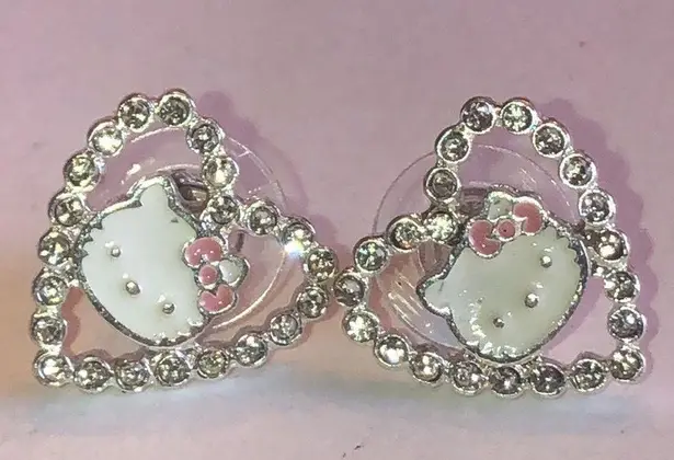 Hello Kitty  Silver Tone CZ Rhinestone Heart Pierced Boho Earrings