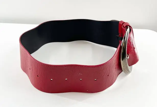 Anne Fontaine Genuine Leather Silver Buckle Adjustable Waist Belt Red