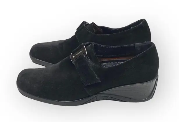 Aquatalia β Suede Wedge Heeled Loafer with Silver Logo Hardware β Black β 6.5M