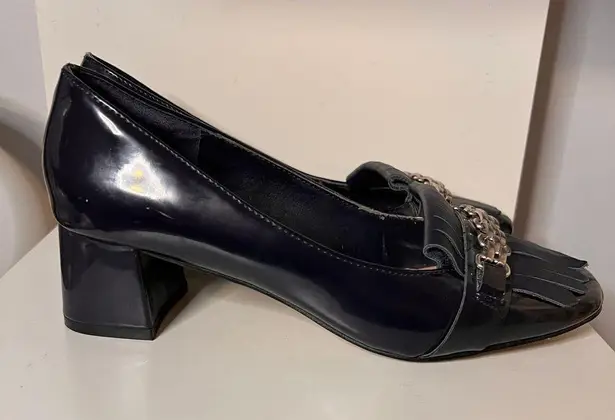 Tahari Navy Blue Patent Leather Block Heel Loafers with Chain Detail & Fringe