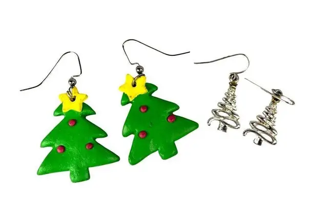 Christmas Tree Drop Earrings Set Of 2 Handmade Polymer Clay & Silver
