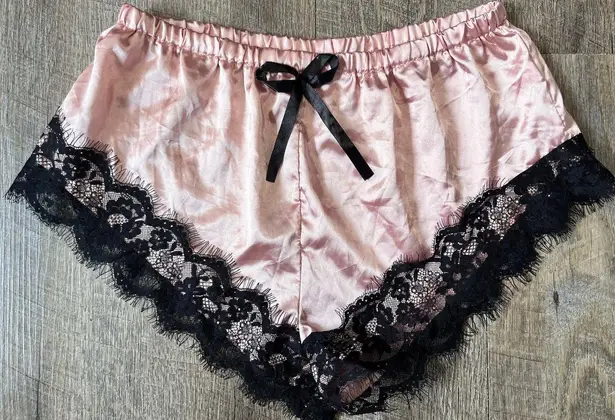 Pink Bloomers with black lace trim size M satin Pink Size M