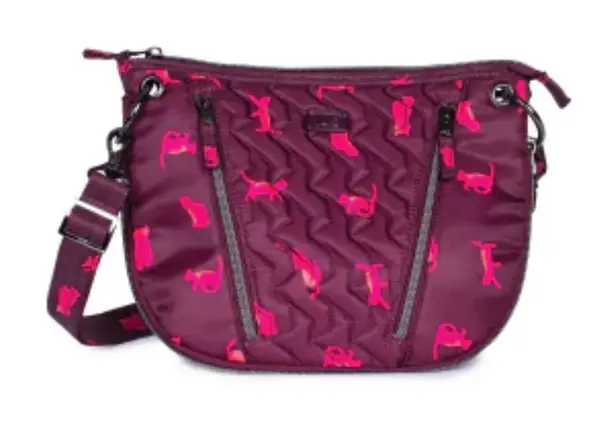 LUG SWIVEL LIKE NEW CAT PRINT NYLON CROSSBODY BAG WINE & PINK EXPANDABLE‎ DEPTH Red - Image 1