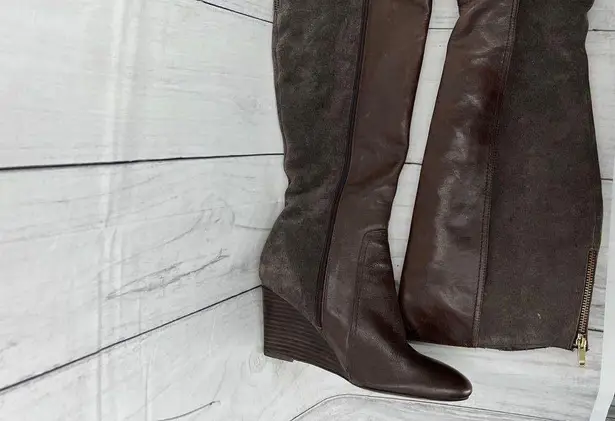 Marc Fisher  Women's US Size 7.5 Dewey Brown Leather Wedge Heel Boots Knee High