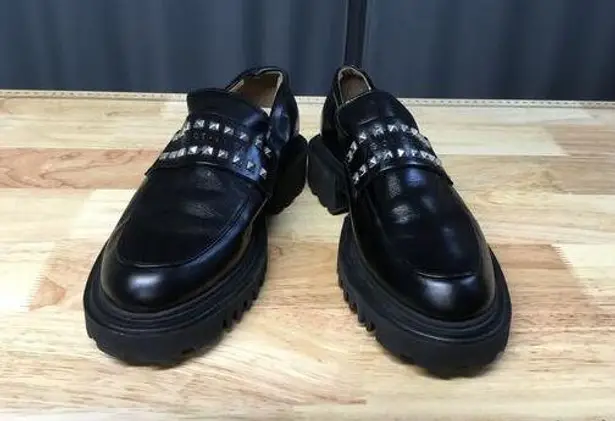 ALLSAINTS Lola Flats Women's 8 Black Leather Slip-On Round Toe Studded Loafers