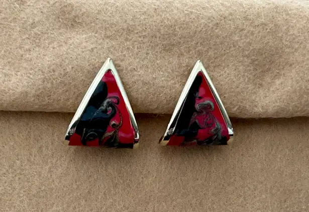 Super Retro Cool Enamel Funky Pierced Earrings Gold Tone Blue & Red Multiple
