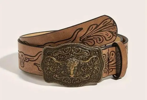 Western Bull Head Buckle Plus Size Belt Vintage Style Faux Leather Embossed‎ 2XL Brown