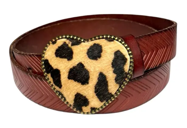 Leopard Heart Buckle Western Chevron Embossed Leather Belt Brown Calf Hair Boho Size L