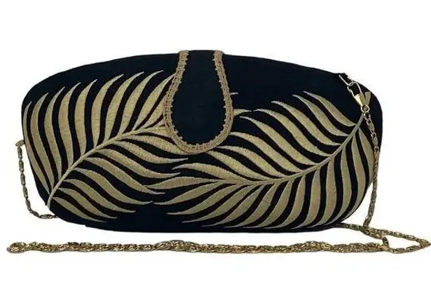 Black & Gold Hard Shell Embroidered Shoulder Bag Cross Body Purse & Chain Strap