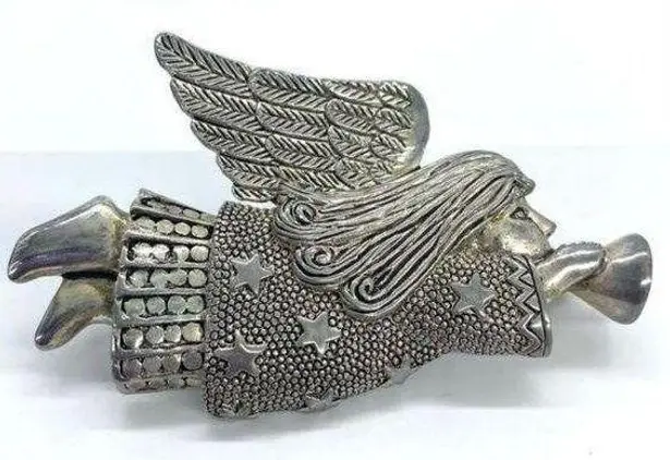 Vintage Silver Flying Angel Playing Trumpet Stars Brooch Pin