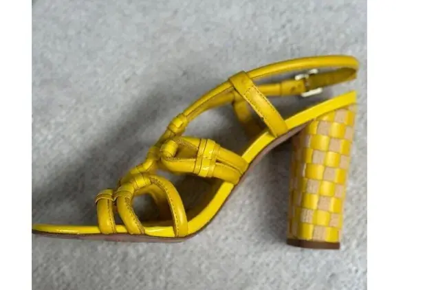 Tory Burch  Bright Yellow Leather Strappy Basket Woven Covered Heel Sz 7