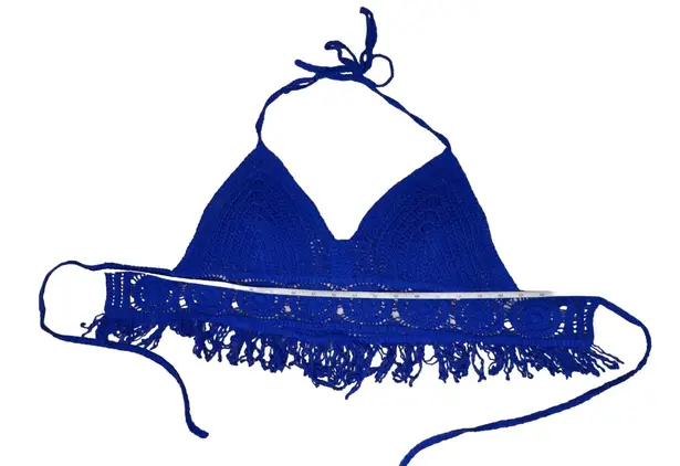 Sans Souci NWOT Blue Crochet Boho Festival Hippie Cropped Fringe Halter Top sz Small
