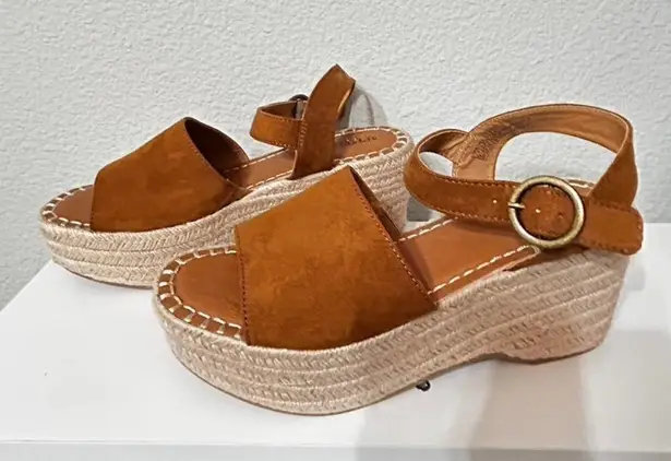 Anthropologie Seychelles Saddle Brown Tan Faux Suede Leather Platform Espadrilles Size 8.5 new