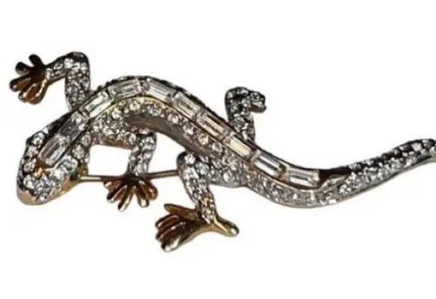 Vtg Clear & Green Rhinestones Reptile Lizard Gecko Jewelry Brooch Mint Condition Gold