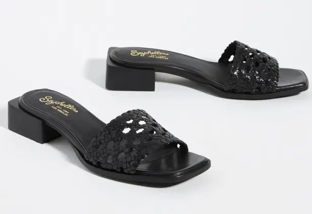 Seychelles Anthropologie Black Leather Woven Slide On Heels Size 7.5
