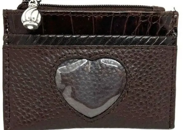 Brighton  Small Wallet Brown Leather ID Holder Zippered Coin Purse Heart‎ Window‍